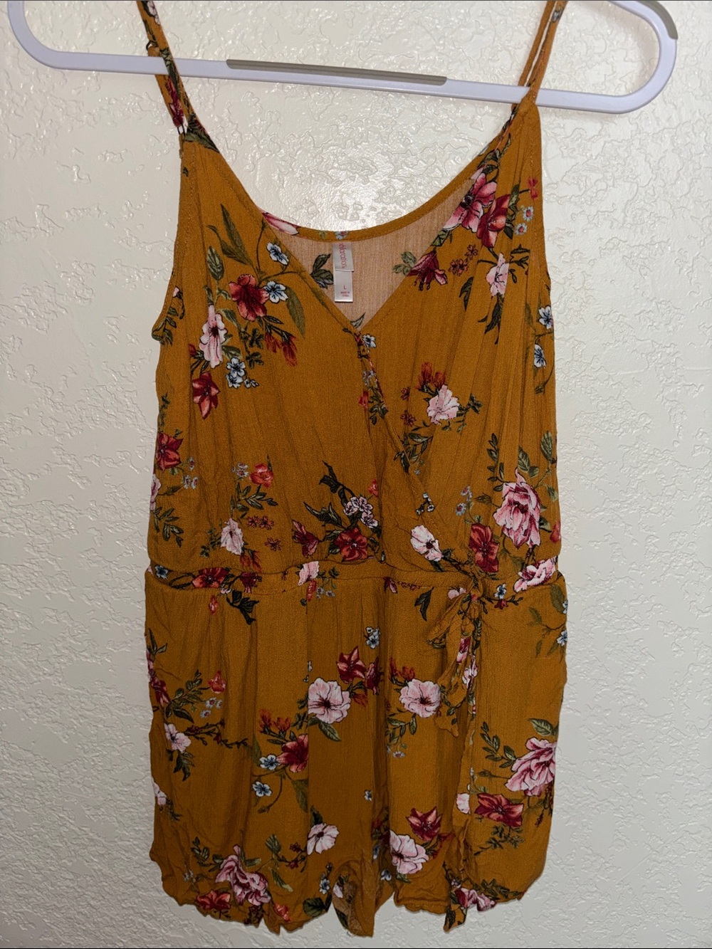 Xhilaration Mustard Floral Tie-Waist Spaghetti Strap Mini Romper w/ Pockets